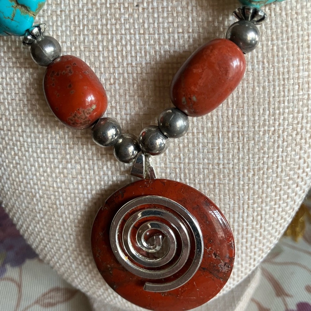 RED JASPER AND AUTHENTIC TURQUOISE SILVER ACCENTS WITH TURQ EARRINGS - Picture 3 of 13